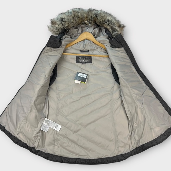 Eddie Bauer Down Puffer Vest Women LARGE Grey Jacket Removable Faux Fur Hood NWT - Picture 9 of 16